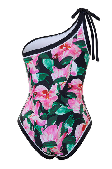 Maillot de bain floral rose noir à une épaule